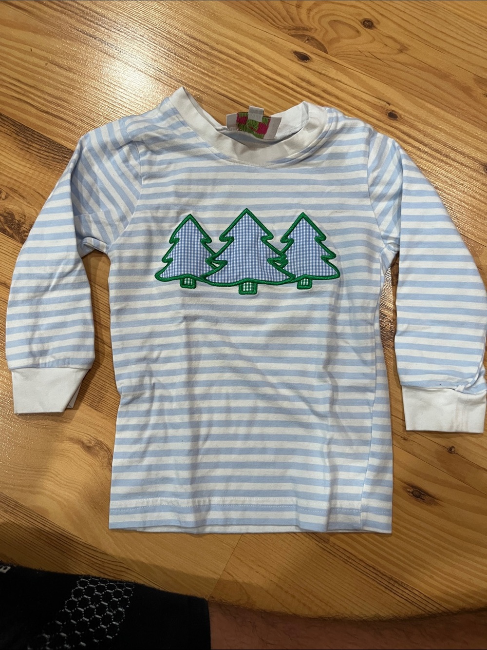 Light Blue Striped Long-Sleeve Top with Green Tree Appliqués